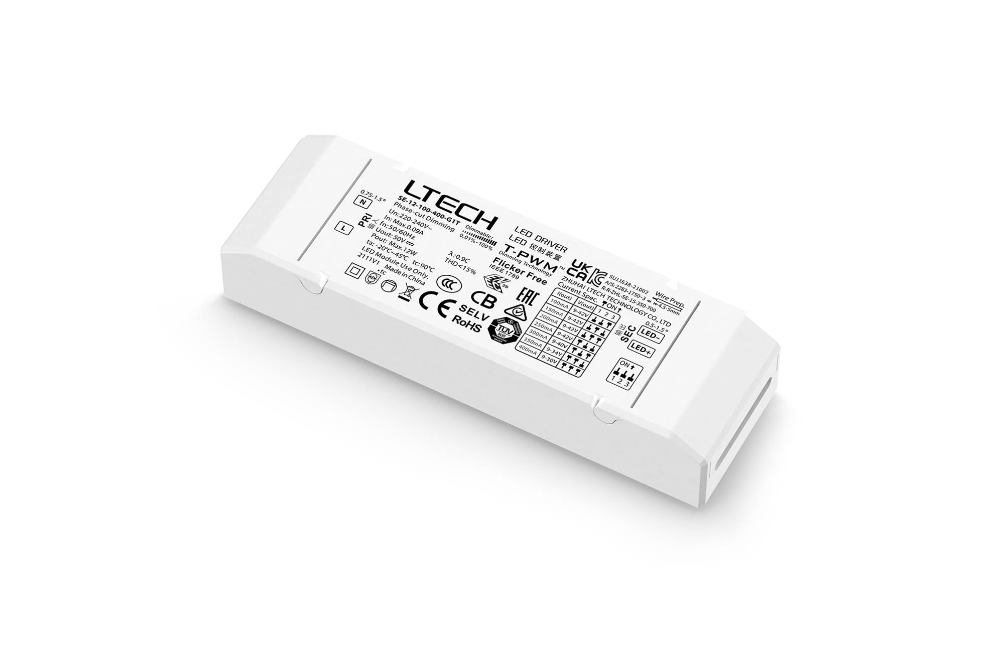 SE-12-100-400-G1T  Triac/ELV Push Dim PWM 12W Constant Current Dimmable Driver 9-42V 100-400mA, IP20.